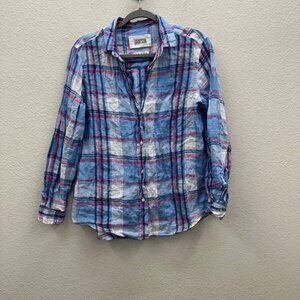 Grayson Hero Linen Pink Blue Plaid Long Sleeve Button Up Shirt Womens Large (4)